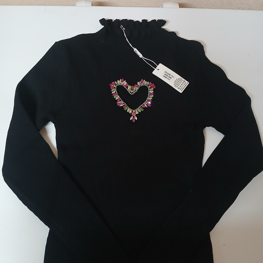 Black Ribbed Mock Neck Sweater with Beaded Heart